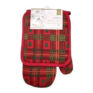 Merry Everything Plaid Tartan Tree 2-Piece Kitchen Set Oven Mitt & Pot Holder